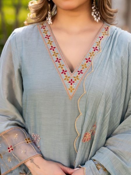 Vibrant Grey Designer Embroidered Roman Silk Kurta with Matching Bottom Embroidery Kurtis 