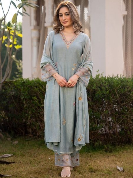 Vibrant Grey Designer Embroidered Roman Silk Kurta with Matching Bottom Embroidery Kurtis 