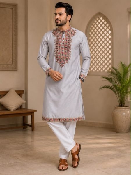 Vibrant Grey Men's Kurta with Intricate Neck Work and Cotton Pyjama At Wholesale Price 