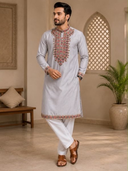 Vibrant Grey Men's Kurta with Intricate Neck Work and Cotton Pyjama At Wholesale Price Kurta Pajama Wholesale