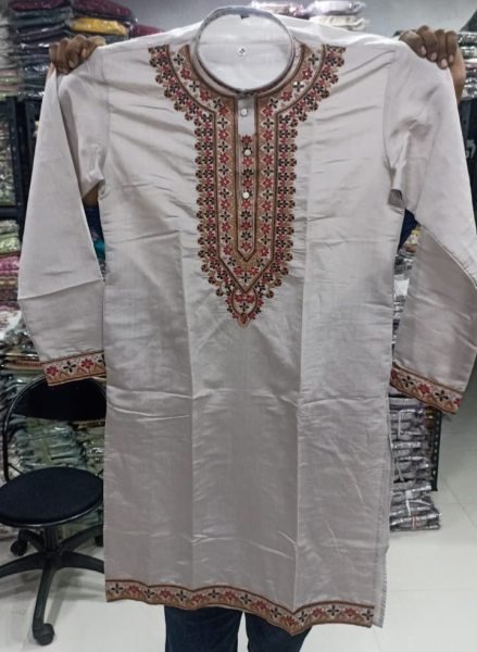 Vibrant Grey Men's Kurta with Intricate Neck Work and Cotton Pyjama At Wholesale Price Kurta Pajama Wholesale