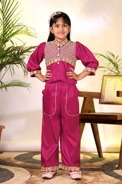 Vibrant Hot Pink Lightweight Girls Outfit with Ethnic Motifs for Daily Use Girls Wear