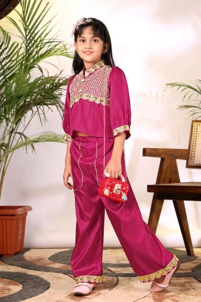 Vibrant Hot Pink Lightweight Girls Outfit with Ethnic Motifs for Daily Use Girls Wear