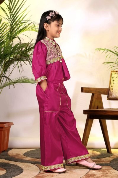 Vibrant Hot Pink Lightweight Girls Outfit with Ethnic Motifs for Daily Use Girls Wear