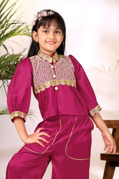Vibrant Hot Pink Lightweight Girls Outfit with Ethnic Motifs for Daily Use Girls Wear