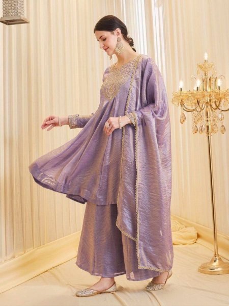Vibrant Lavender Fendy Silk Suit Set with Heavy Fabric and Comfortable Palazzo 