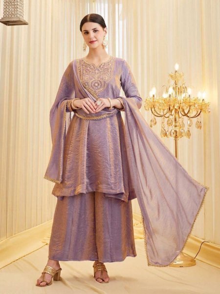 Vibrant Lavender Fendy Silk Suit Set with Heavy Fabric and Comfortable Palazzo Ready To Wear Collection