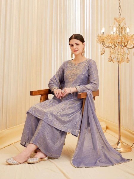 Vibrant Lavender Fendy Silk Suit Set with Heavy Fabric and Comfortable Palazzo Ready To Wear Collection