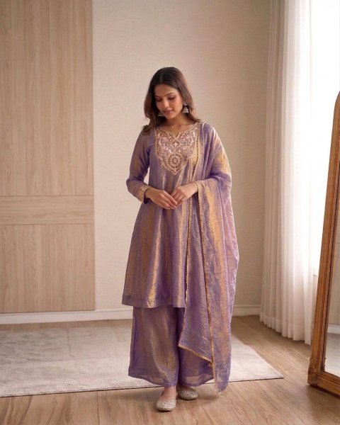 Vibrant Lavender Fendy Silk Suit Set with Heavy Fabric and Comfortable Palazzo Ready To Wear Collection
