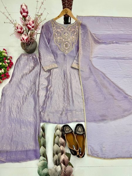 Vibrant Lavender Fendy Silk Suit Set with Heavy Fabric and Comfortable Palazzo Ready To Wear Collection