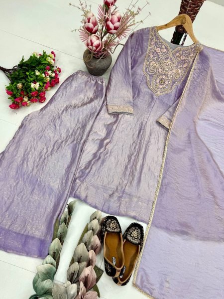 Vibrant Lavender Fendy Silk Suit Set with Heavy Fabric and Comfortable Palazzo Ready To Wear Collection