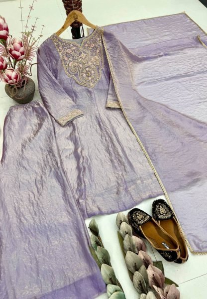 Vibrant Lavender Fendy Silk Suit Set with Heavy Fabric and Comfortable Palazzo Ready To Wear Collection
