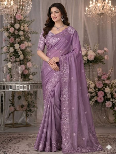 Vibrant Lavender Traditional Designer Saree with Hand Applique Detailing Sarees 