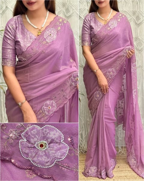 Vibrant Lavender Traditional Designer Saree with Hand Applique Detailing Embroidery Sarees Wholesale