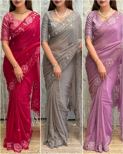 Vibrant Lavender Traditional Designer Saree with Hand Applique Detailing Embroidery Sarees Wholesale
