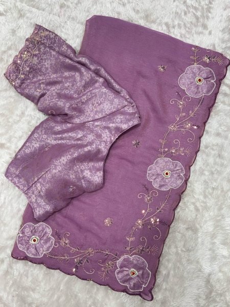 Vibrant Lavender Traditional Designer Saree with Hand Applique Detailing Embroidery Sarees Wholesale