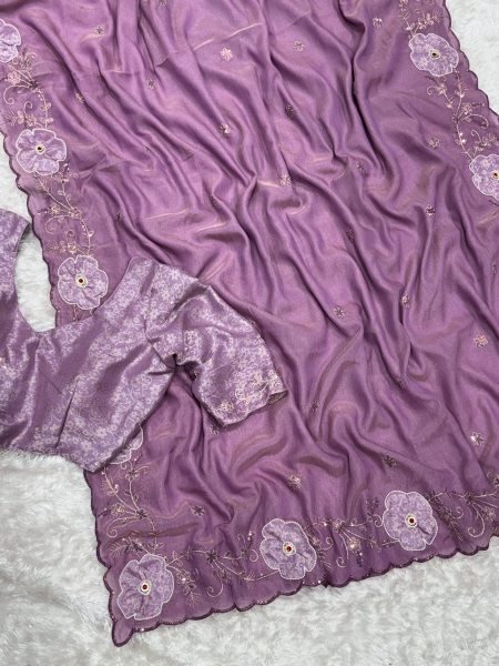 Vibrant Lavender Traditional Designer Saree with Hand Applique Detailing Embroidery Sarees Wholesale