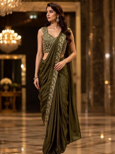 Vibrant Mahendi Green Designer Ready to Wear Chinnon Saree with Embroidered Blouse Sarees 