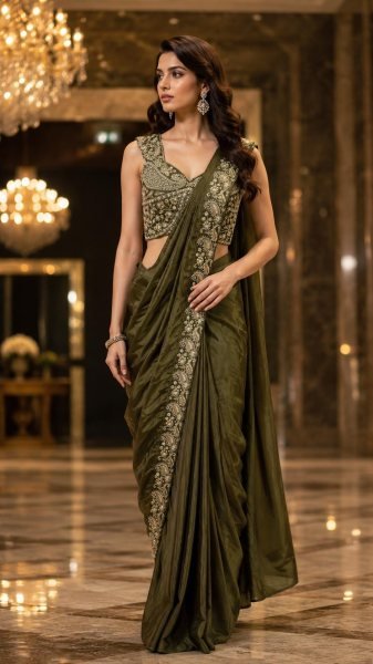 Vibrant Mahendi Green Designer Ready to Wear Chinnon Saree with Embroidered Blouse Designer Wedding Sarees Wholesale
