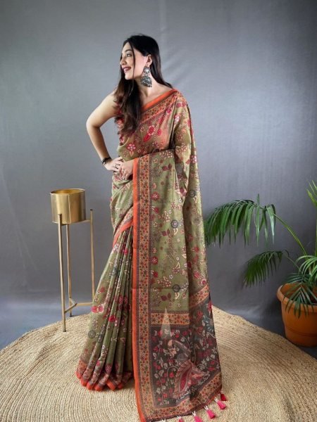 Vibrant Mahendi Green Pure Malai Cotton Saree with Kalamkari Prints Deisgne Sarees 