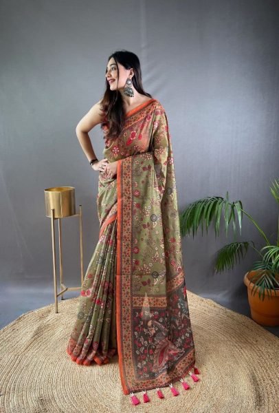 Vibrant Mahendi Green Pure Malai Cotton Saree with Kalamkari Prints Deisgne Printed Cotton Sarees Wholesale