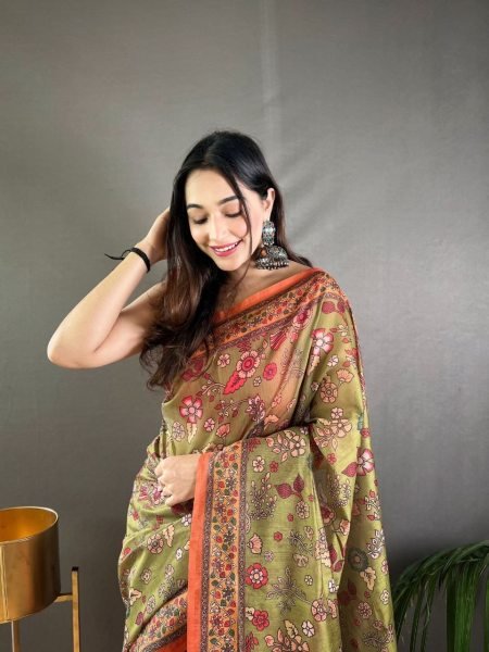 Vibrant Mahendi Green Pure Malai Cotton Saree with Kalamkari Prints Deisgne Printed Cotton Sarees Wholesale