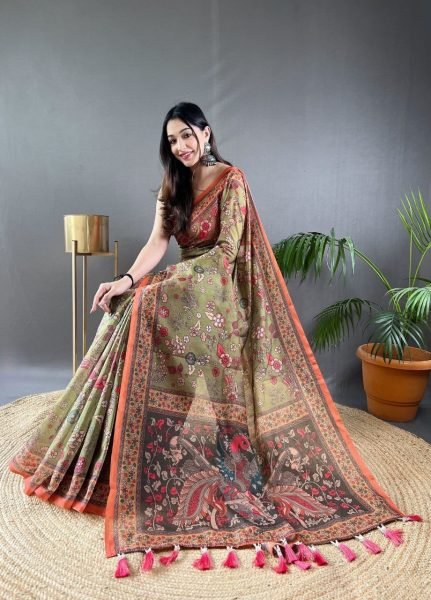Vibrant Mahendi Green Pure Malai Cotton Saree with Kalamkari Prints Deisgne Printed Cotton Sarees Wholesale