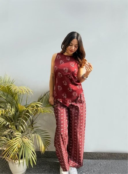 Vibrant Maroon Comfortable Printed Co Ord Set for Everyday Fashion CO ORD Sets