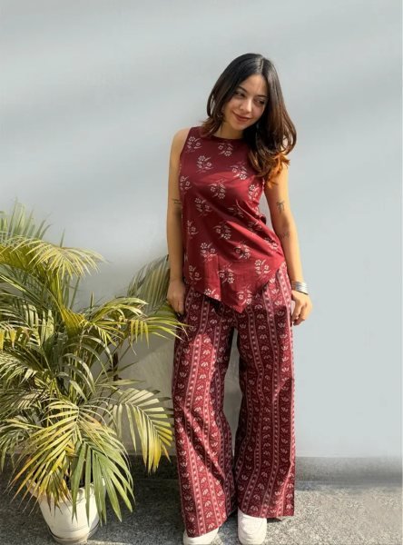 Vibrant Maroon Comfortable Printed Co Ord Set for Everyday Fashion CO ORD Sets