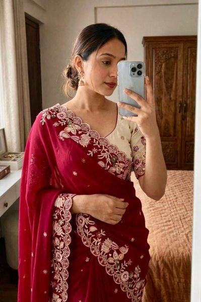 Vibrant Maroon Georgette Sequins Embroidery Saree for Party Wear Embroidery Sarees Wholesale