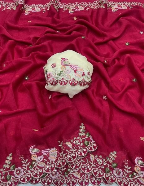 Vibrant Maroon Georgette Sequins Embroidery Saree for Party Wear Embroidery Sarees Wholesale