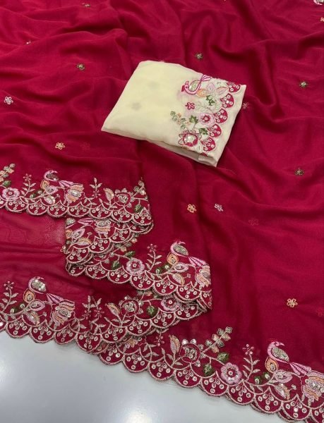 Vibrant Maroon Georgette Sequins Embroidery Saree for Party Wear Embroidery Sarees Wholesale