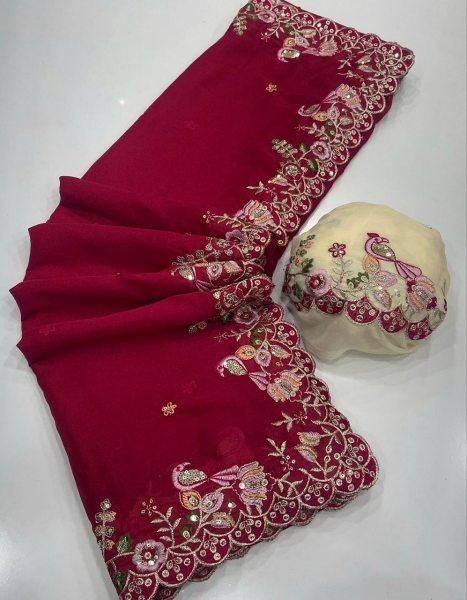Vibrant Maroon Georgette Sequins Embroidery Saree for Party Wear Embroidery Sarees Wholesale