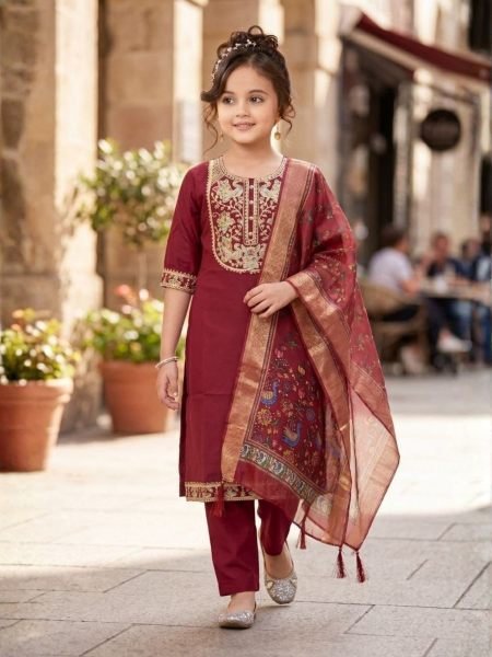Vibrant Maroon Kids Girls Rayon Slub Suit with Embroidery Work at Manufacturer  Kurtis