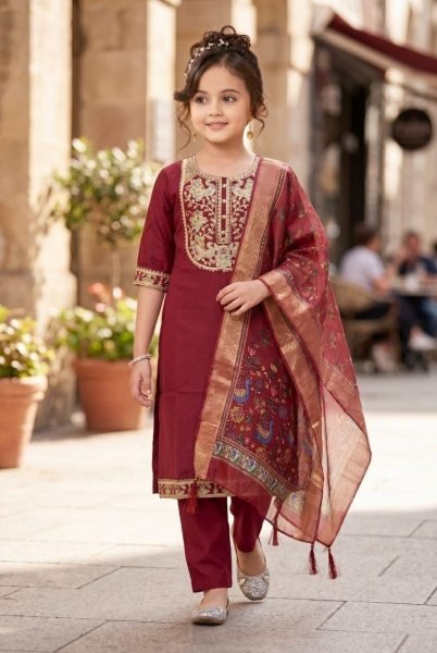 Vibrant Maroon Kids Girls Rayon Slub Suit with Embroidery Work at Manufacturer  Girls Wear