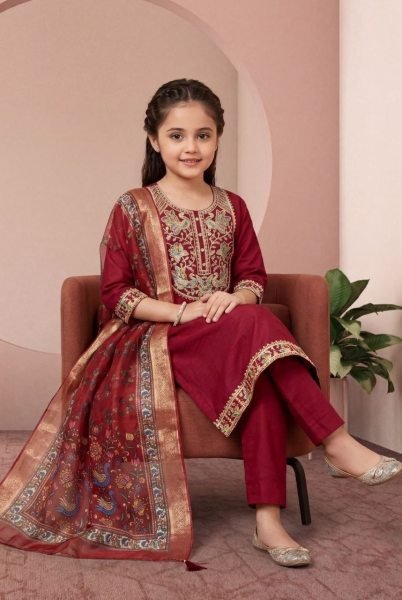 Vibrant Maroon Kids Girls Rayon Slub Suit with Embroidery Work at Manufacturer  Girls Wear