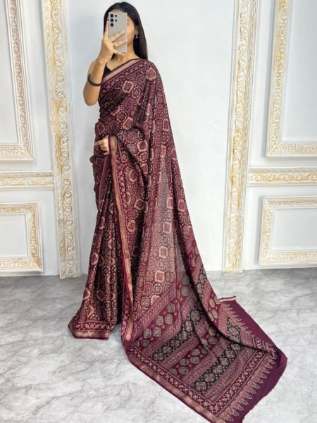 Vibrant Maroon Mal Cotton Saree with Ethnic Print and Soft Texture