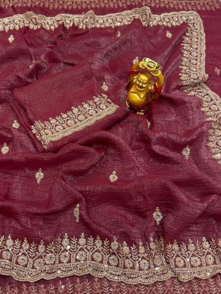 Vibrant Mauve Gold Beads Work Saree with Velvet Shine Finish at Manufacturer Rate 