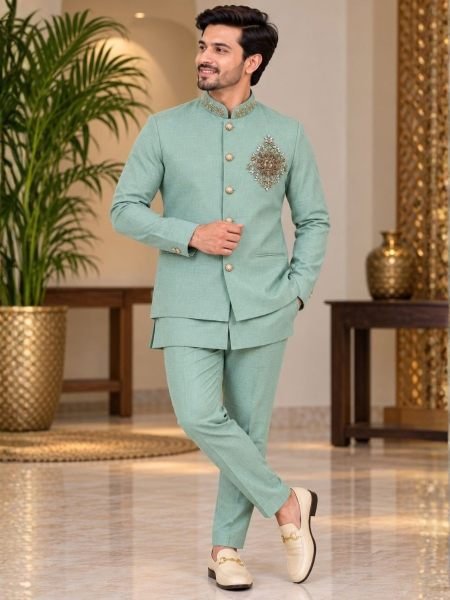 Vibrant Mint Green Wedding Wear Linen Koti Shirt Polo Pant Set for Men 