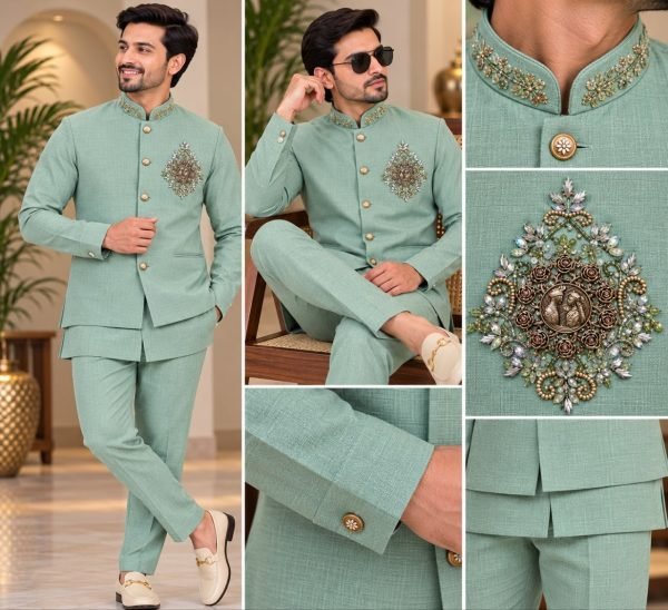 Vibrant Mint Green Wedding Wear Linen Koti Shirt Polo Pant Set for Men Mens Shirt