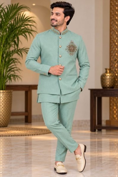 Vibrant Mint Green Wedding Wear Linen Koti Shirt Polo Pant Set for Men Mens Shirt