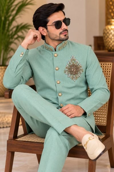 Vibrant Mint Green Wedding Wear Linen Koti Shirt Polo Pant Set for Men Mens Shirt
