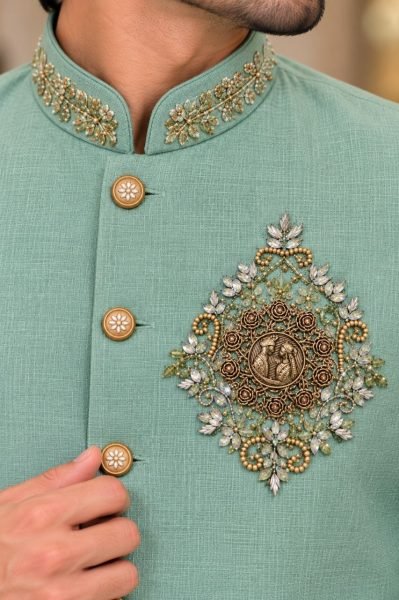 Vibrant Mint Green Wedding Wear Linen Koti Shirt Polo Pant Set for Men Mens Shirt