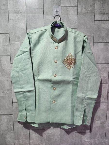 Vibrant Mint Green Wedding Wear Linen Koti Shirt Polo Pant Set for Men Mens Shirt