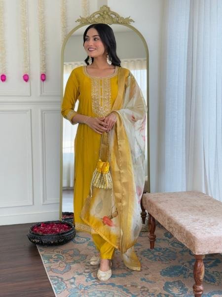 Vibrant Mustard Yellow Viscose Embroidered Kurta Set with Silk Jacquard Dupatta At Wholesale Price  Kurtis