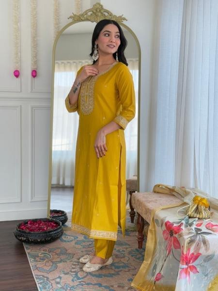 Vibrant Mustard Yellow Viscose Embroidered Kurta Set with Silk Jacquard Dupatta At Wholesale Price   Straight Cut Long Kurtis