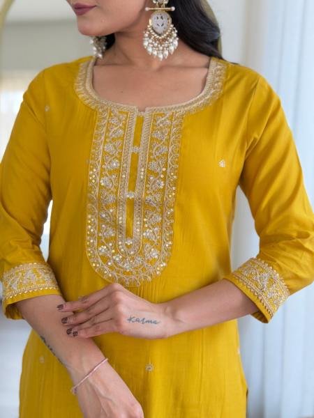 Vibrant Mustard Yellow Viscose Embroidered Kurta Set with Silk Jacquard Dupatta At Wholesale Price   Straight Cut Long Kurtis