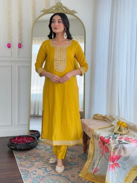 Vibrant Mustard Yellow Viscose Embroidered Kurta Set with Silk Jacquard Dupatta At Wholesale Price   Straight Cut Long Kurtis