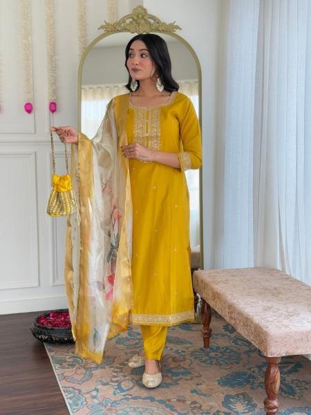 Vibrant Mustard Yellow Viscose Embroidered Kurta Set with Silk Jacquard Dupatta At Wholesale Price   Straight Cut Long Kurtis