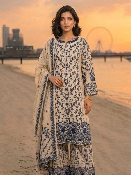 Vibrant Navy Blue Satin Kurti Set With Printed Chinnon Silk For Festival Wear 